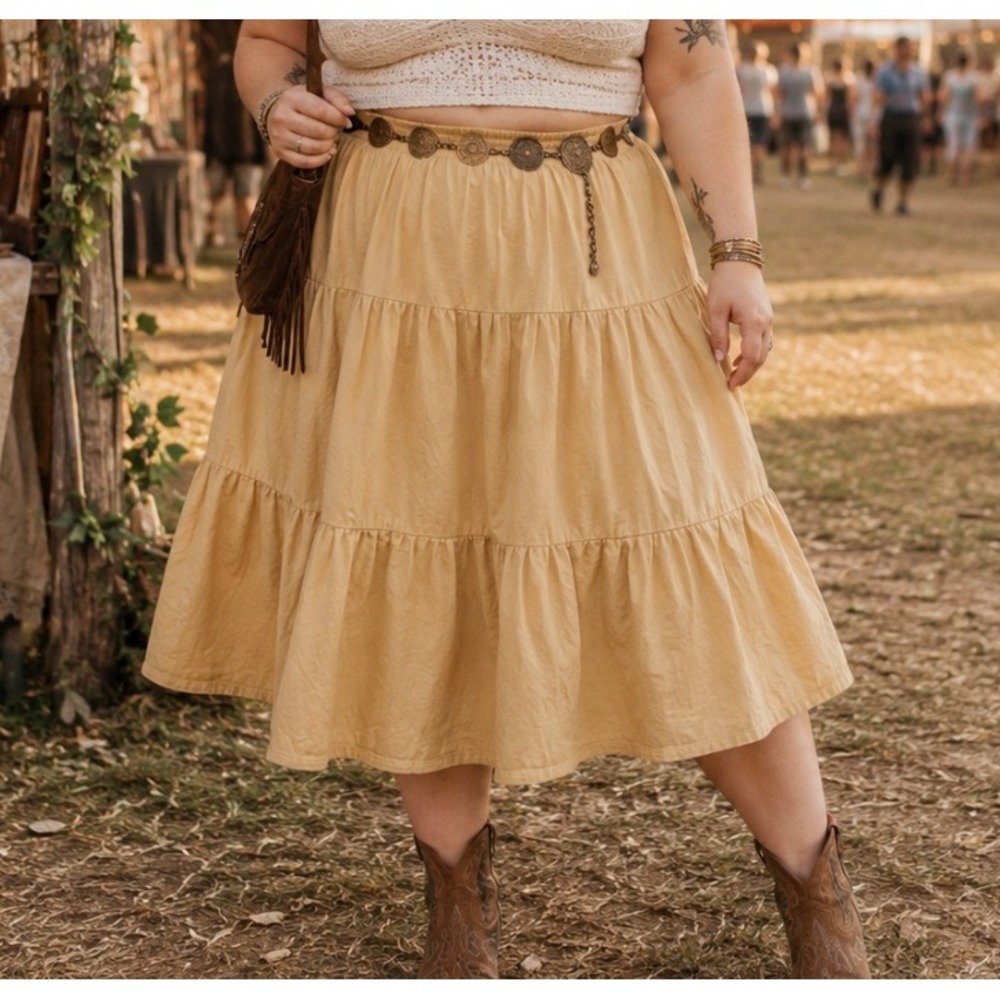 Vtg American Sweetheart Womens Midi Prairie Skirt Petite Sz 2X Tan Cotton Tiered